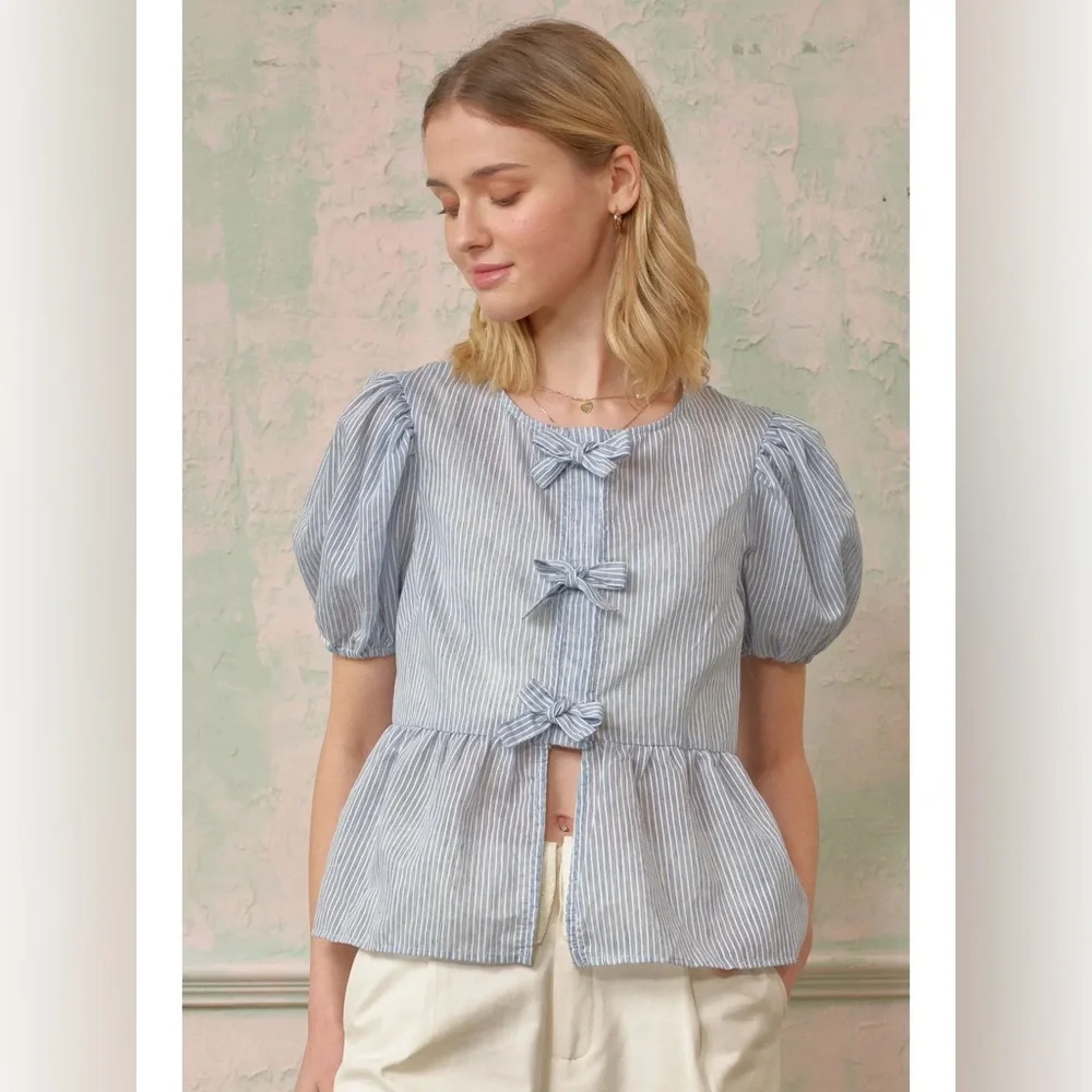 Rosie Posie Striped Peplum Top with Bows NWT size large - Picture 3 of 4